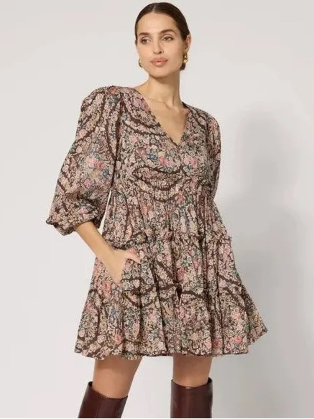 Cleobella Brown Floral Tiered Francesca Mini Dress with Pink Accents